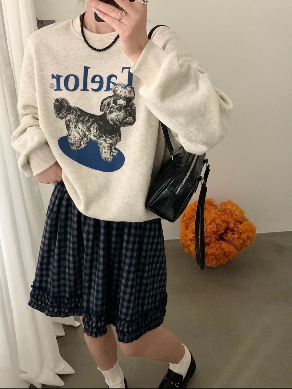Korean Gray Sweatshirt with Blue Dog Graphic